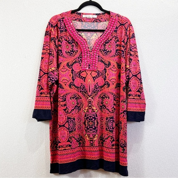 Peter Nygard 3/4 sleeve pink magenta orange beaded paisley with navy blue trim - Picture 1 of 11